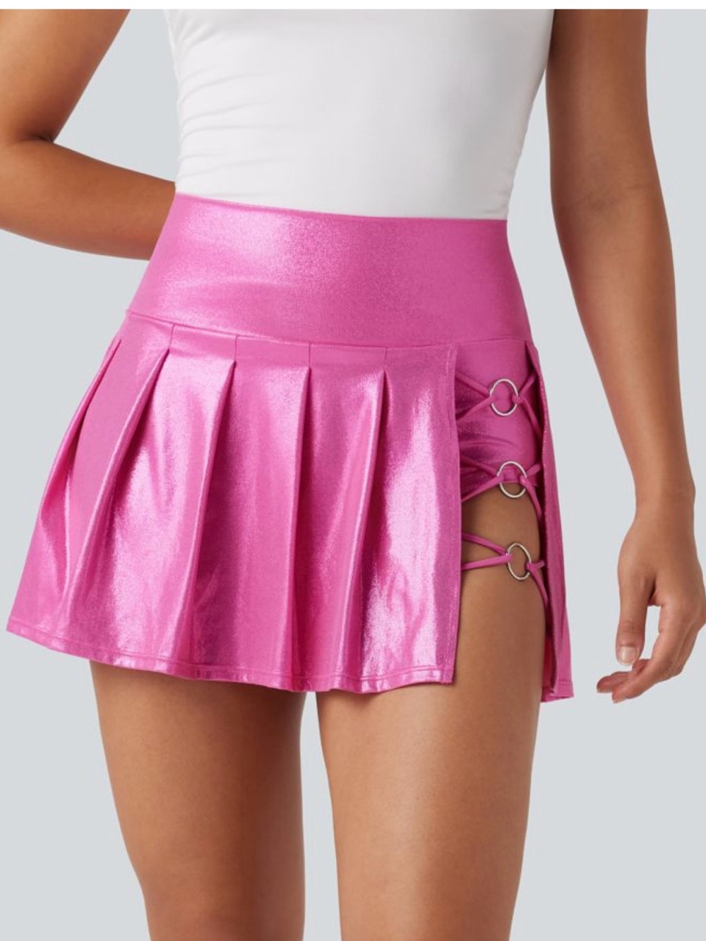 Halara Metallic Pink Pleated Mini Skirt with Side Ring Detail